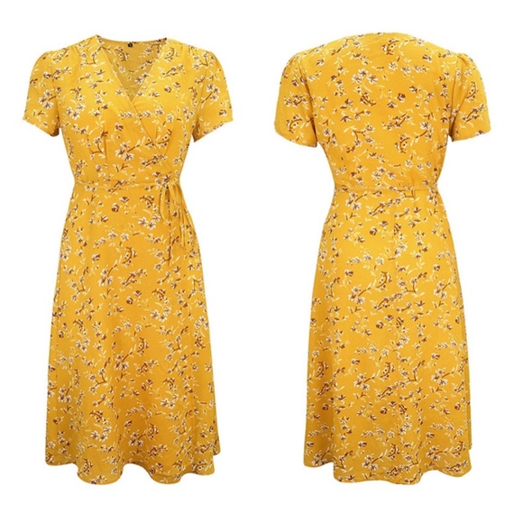 Yellow Floral Wrap Midi Dress - Picture 7 of 16